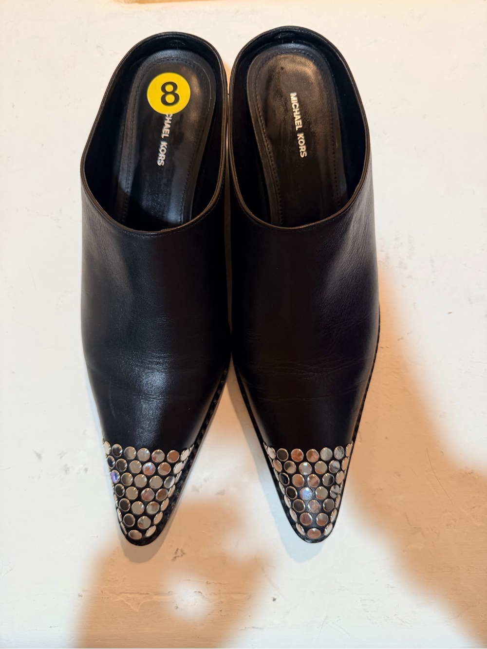 Michael Kors Black Leather Pointed Mules with Silver Stud Toe